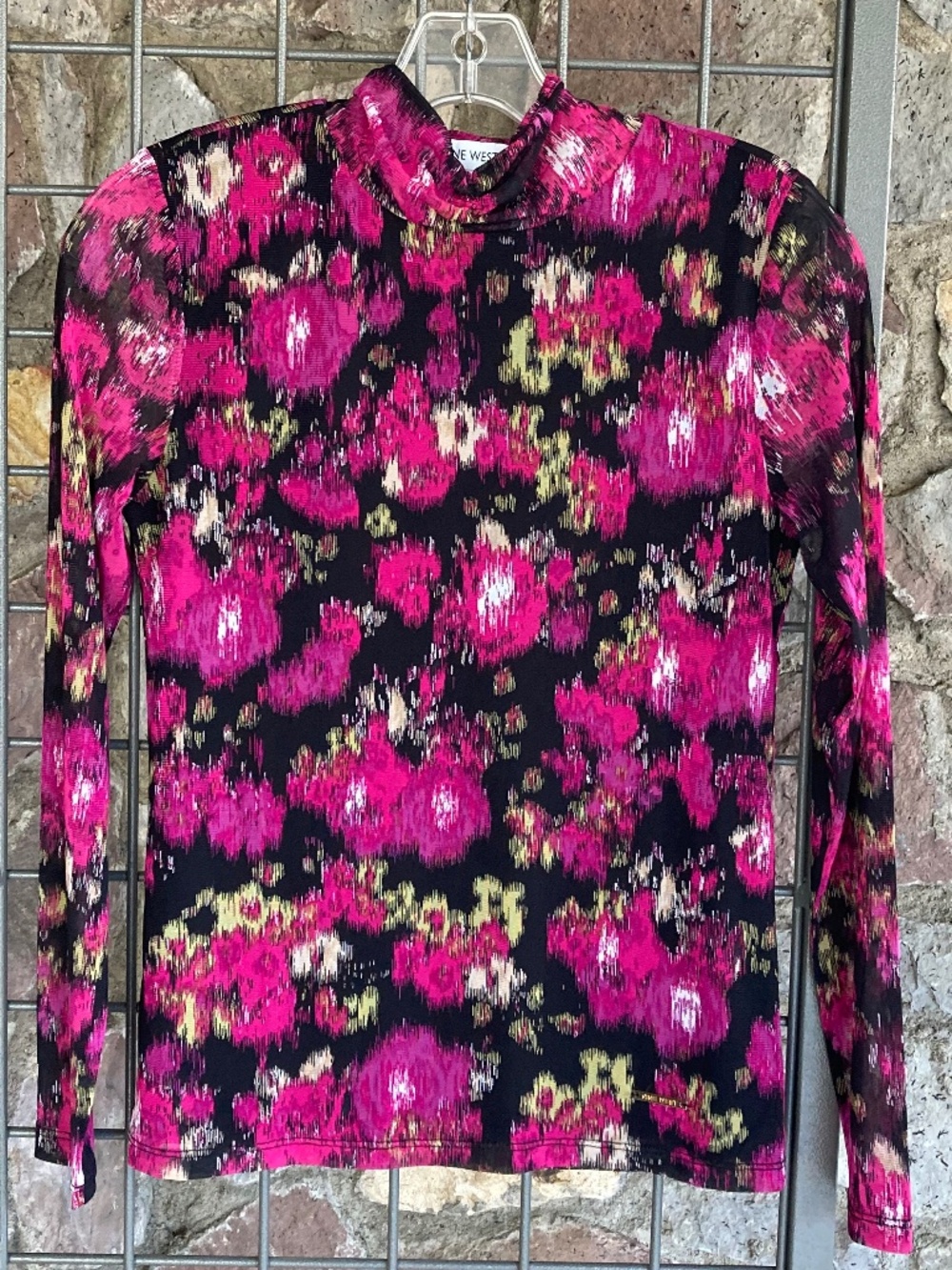 Nine West Black Pink Floral Long Sleeve Mesh Top XS